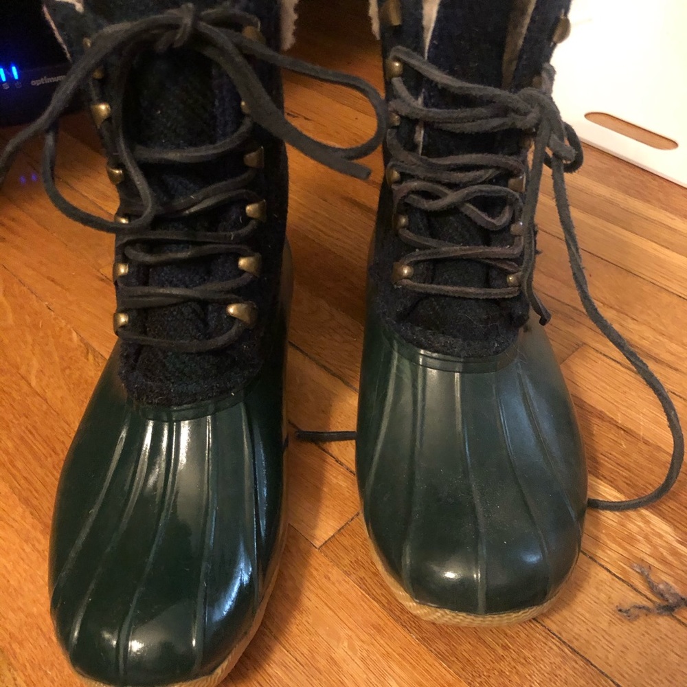 Sperry J. Crew Blue Green Plaid Wool Shearling Flannel Duck Boots Women's Size 8 - Picture 4 of 4